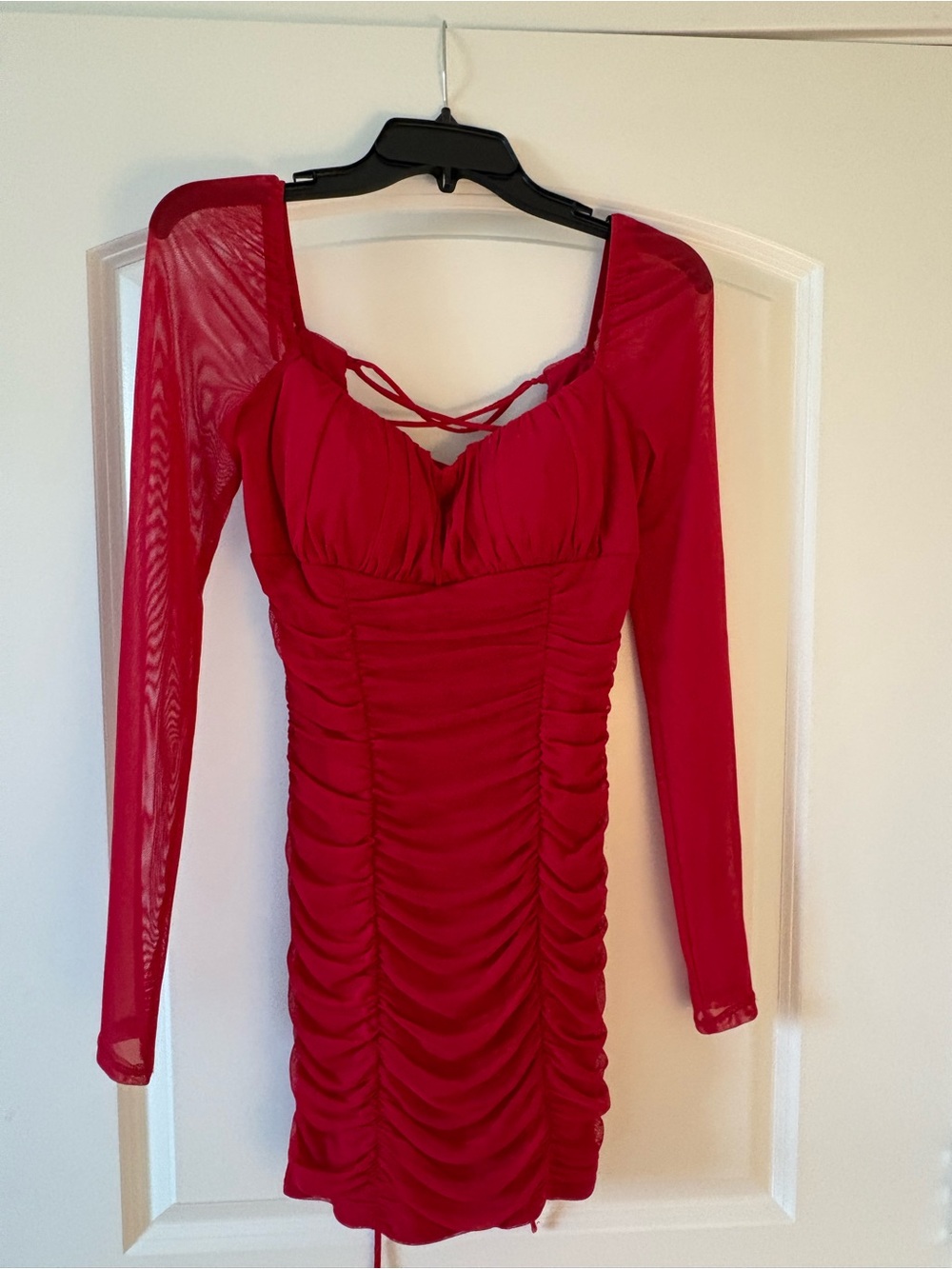 City Studios Red Ruched Mesh-Sleeve Bodycon Mini Dress